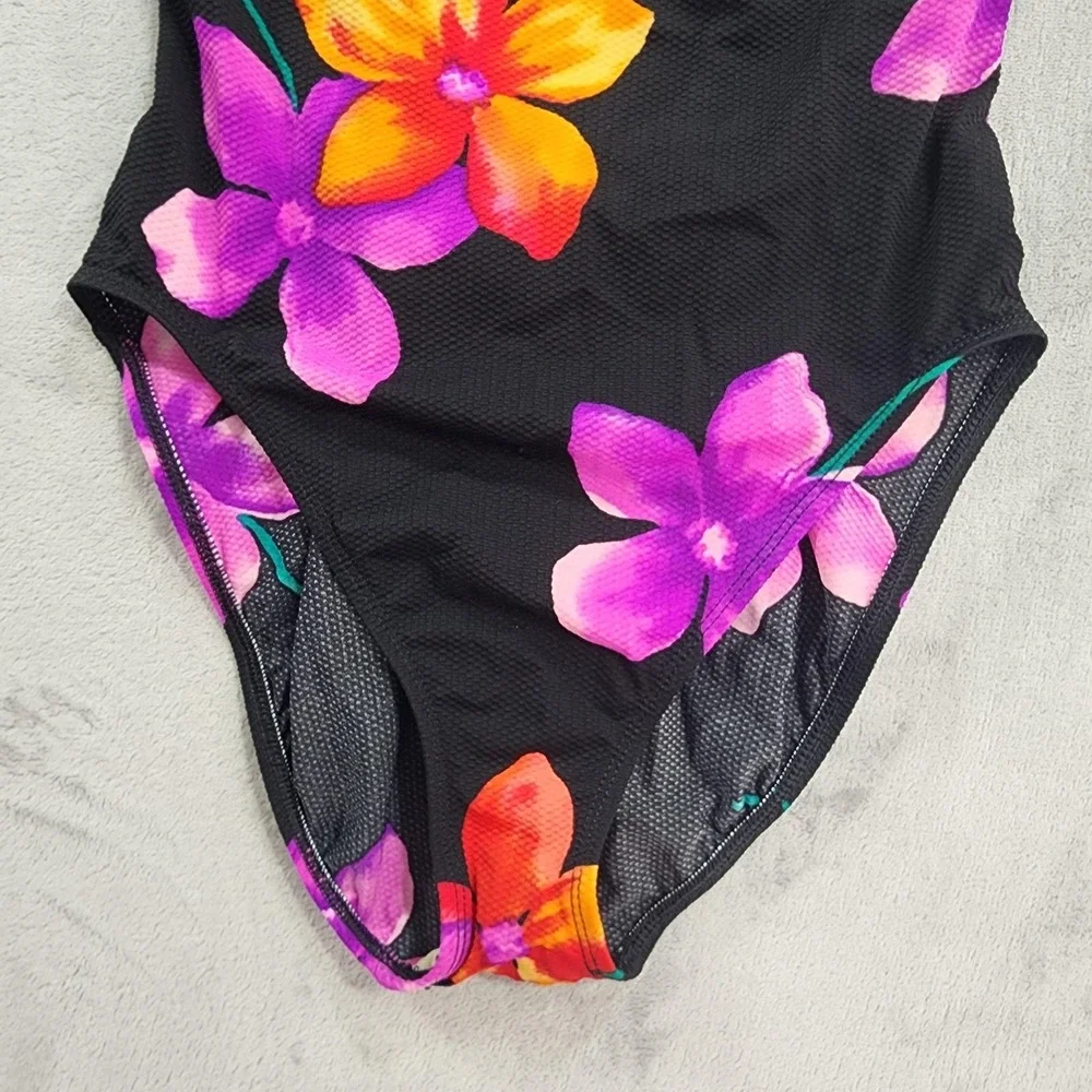 Vintage Beach Cabana Swimsuit M Black Floral One‎ Piece Padded Lined Stretch